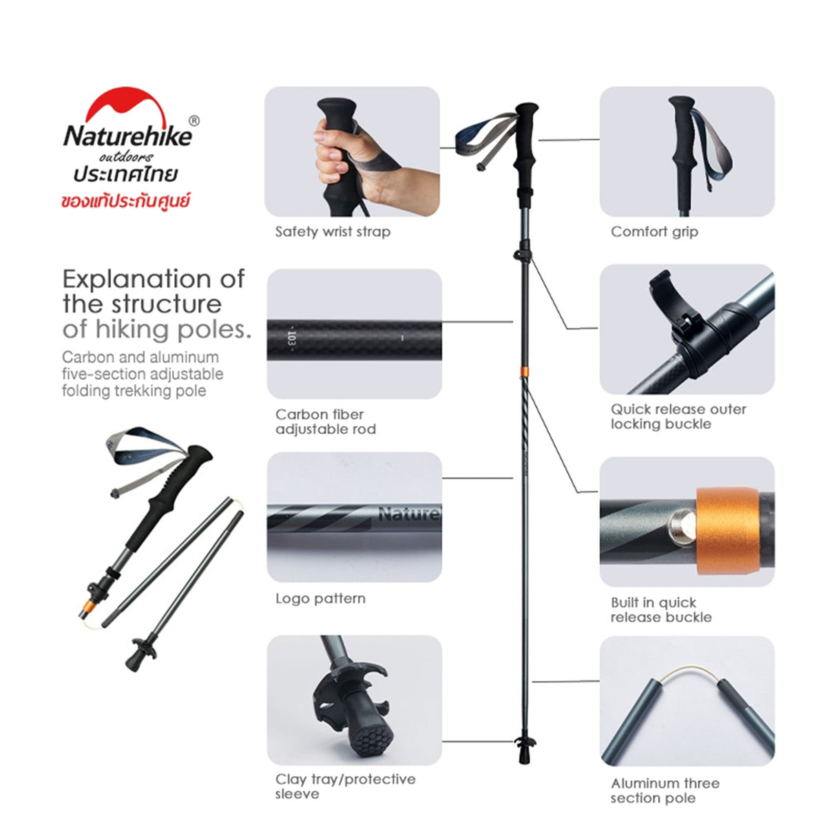 NATUREHIKE CARBON AND ALUMINUM FIVE-SECTION ADJUSTABLE FOLDING TREKKING POLE #CHANG FENG UL (1 ข้าง)